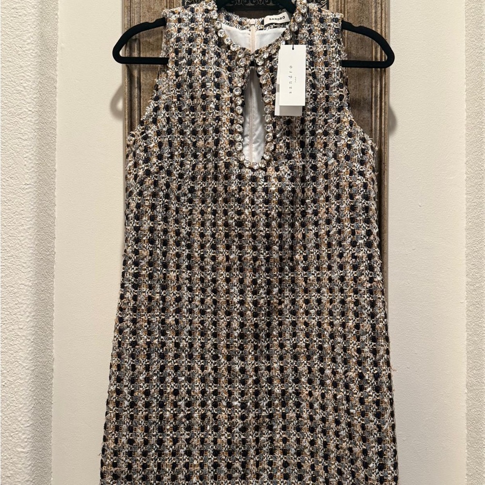 Sanctuary Sleeveless Tweed Shift Dress in Black, Cream and Tan
